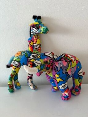 Colorful Eco-Themed Plush Elephant and Giraffe Toy Set - Multi